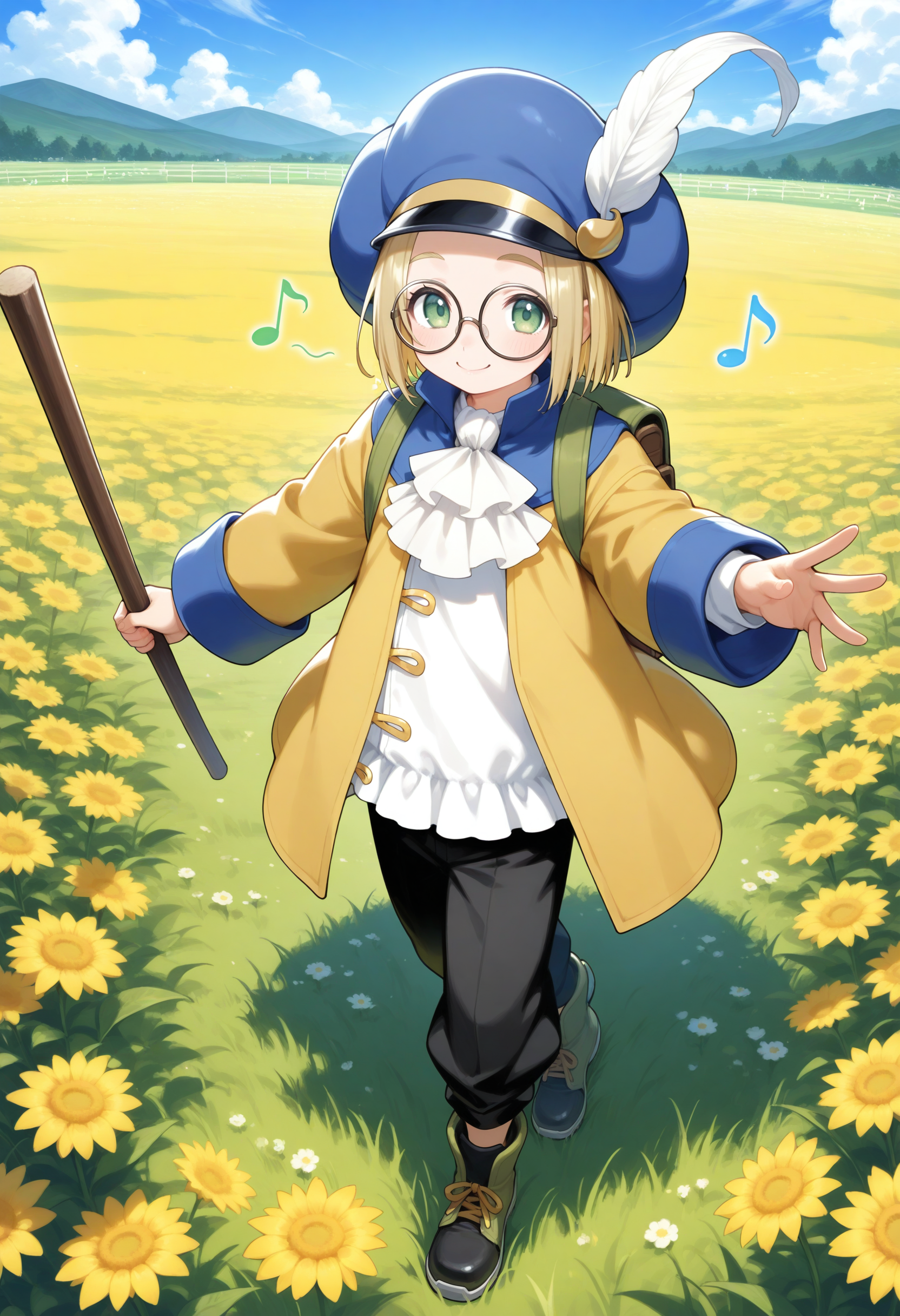 masterpiece,extreme detailed,outdoors,field,full body BREAK hoimin2,1boy,glasses,blonde hair,short hair,hat,round eyewear,white ascot,blue headwear,long sleeves,green eyes,yellow jacket,black pants,<lora:hoimin_(dq)-NAI:1>,smile,holding_stick,musical note,