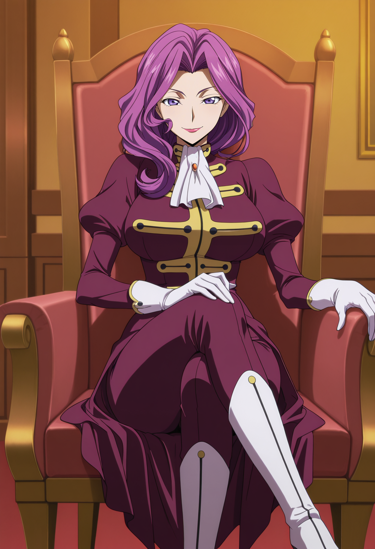 1girl,solo,mm,mature female,purple hair,purple eyes,lipstick,large breasts,anime coloring,
s1,wavy hair,s1 uniform,ascot,gloves,boots,sitting,on chair,crossed legs, looking at viewer, smile,indoors
,masterpiece,best quality,amazing quality,<lora:Cornelia_li_Britannia-Code_Geass:0.8>