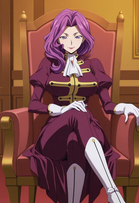 1girl,solo,mm,mature female,purple hair,purple eyes,lipstick,large breasts,anime coloring,
s1,wavy hair,s1 uniform,ascot,gloves,boots,sitting,on chair,crossed legs, looking at viewer, smile,indoors
,masterpiece,best quality,amazing quality,<lora:Cornelia_li_Britannia-Code_Geass:0.8>