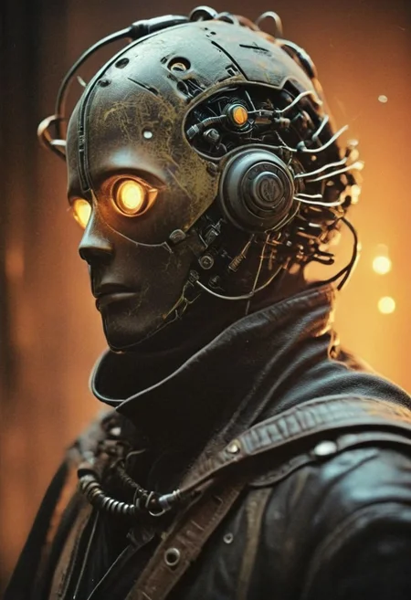 Closeup Portrait of a wired-cyborg with cables and wires Styled Noir hero in outworn leather and Linen parka with high collar bleaked red linen scarf, translucent dark-amber made of grignani lines, a giant boss, volumetric lighting, ultra detailed, deep blacks, atmospheric haze, falling apps and icons, falling particles, dust, atmospheric haze, Film grain, cinematic film still, shallow depth of field, highly detailed, high budget, cinemascope, moody, epic, OverallDetail, gorgeous, 2000s vintage RAW photo, photorealistic, candid camera, color graded cinematic, eye catchlights, atmospheric lighting, skin pores, imperfections, natural, shallow dof,