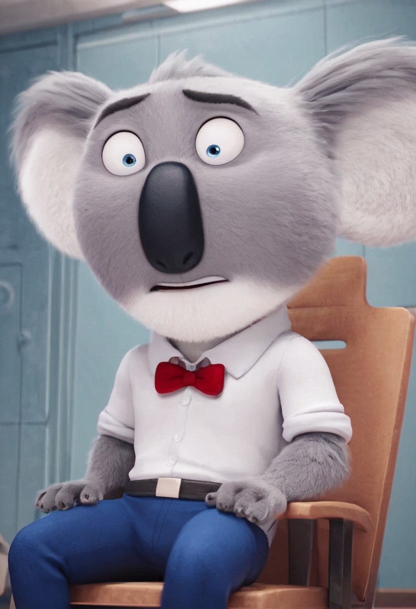 score_9, score_8_up, score_7_up, score_6_up, score_5_up, score_4_up, mrmoon, koala, furry, male, 3D, cgi, gray fur, black nose, blue eyes, round ears, black eyebrows, shortstack, concerned expression, mouth open, shocked expression, nervous, sitting, office chair, sitting on chair, red bowtie, hands on thighs, looking down, wide eyed, four fingers, hands on hips, gray fur, indoors, office, simple background, white fur, white shirt, blue pants, best quality, official screenshot, 4K, asburd res, masterpiece, perfect, movie accurate,