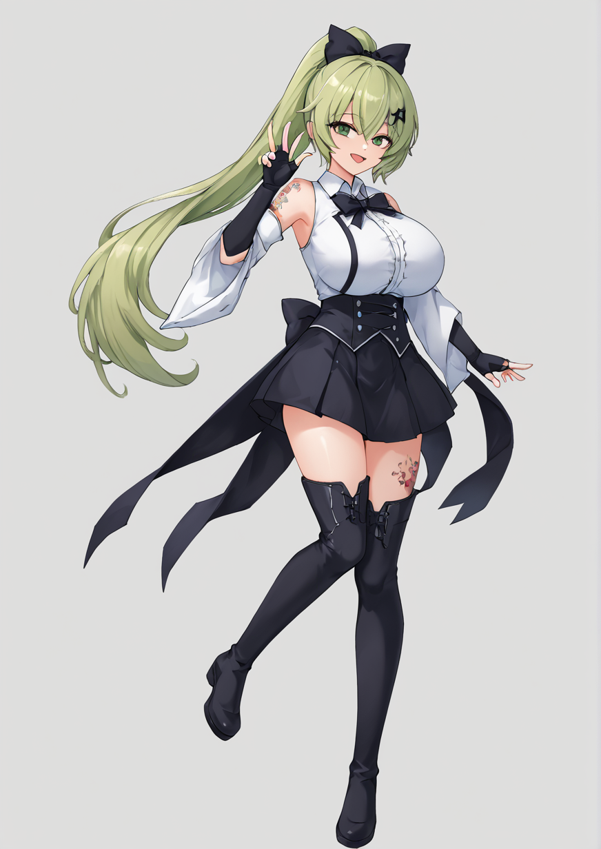 1girl, anemos (elsword), rena erindel, huge breast, :d, black bow, black footwear, black gloves, black skirt, boots, bow, detached sleeves, fingerless gloves, full body, gloves, green eyes, green hair, hair bow, high ponytail, knee boots, light green hair, long hair, looking at viewer, open mouth, ponytail, skirt, smile, solo, tattoo, transparent background, very long hair, zPDXL3 <lora:NF:0.8>