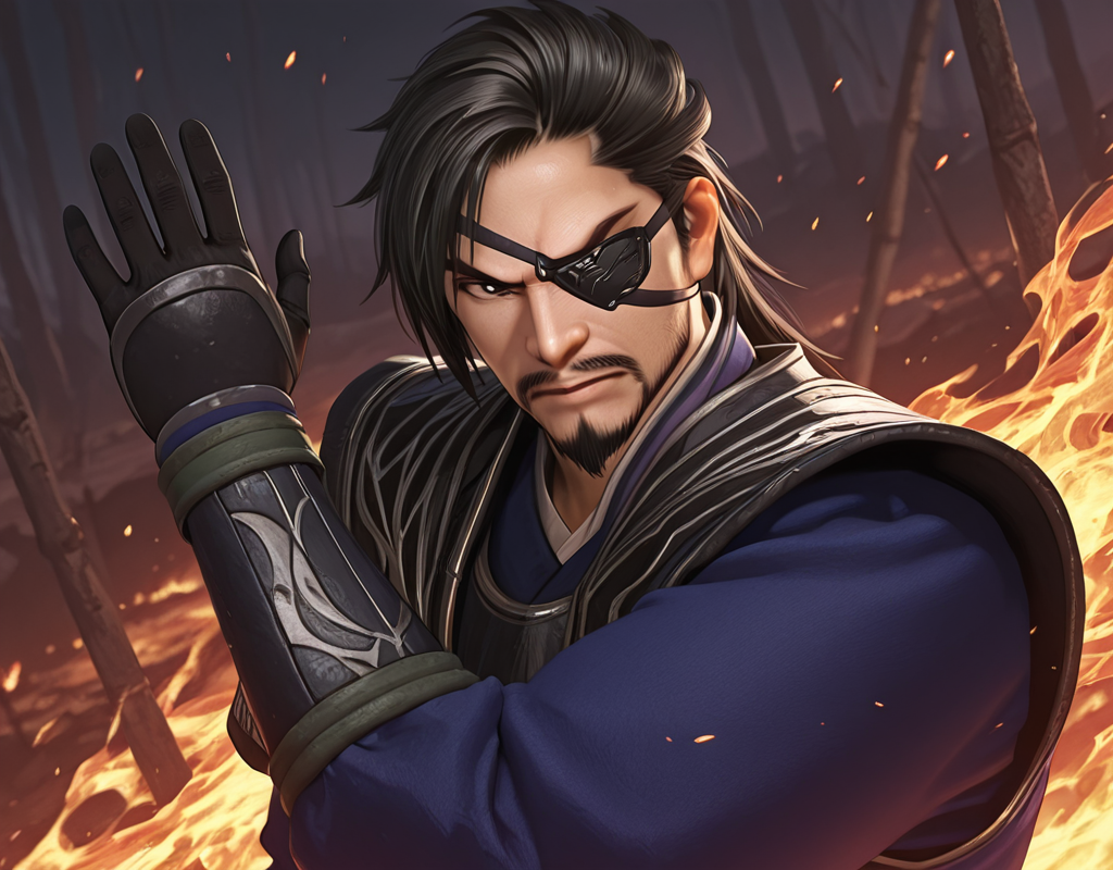 best quality, amazing quality, newest, perfect quality, best quality, highres, 1boy, male, male focus, solo, detailed body, detailed face, detailed eyes,

XiahouDun, black hair,half swept back hair , black eyes, full beard with goatee, mature muscle male, eyepatch, wearing full amour,

angry expression, fighter pose, dynamic angle, dutch angle, in flaming battlefield with soldiers and trees in background
