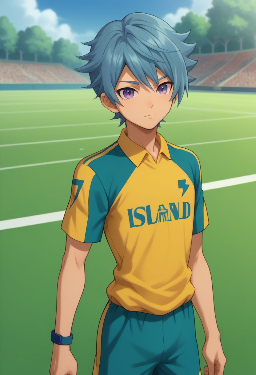 score_9, score_8_up, source_anime, highly detailed, 1boy, solo, male_focus, slender, skinny, cute,
hiura, 1boy, male focus, solo, purple eyes, sportswear, blue hair, orion soccer uniform, 
outdoor,
