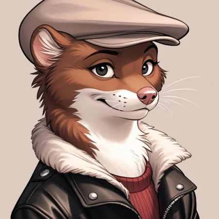 score_9, score_8_up, score_7_up, score_6_up, score_5_up, score_4_up, bedroom background, detailed fur, (((Portrait)))
BREAK
W33kly_BS, Weekly, Anthro Weasel, Lesser Weasel, brown weasel, brown fur, white chin, white neck, white inner ear, black eyebrows, black eyes, pink nose, whiskers, tan hat, flat cap, leather jacket, flight jacket, fleece collar, red sweater, khakis, tan shoes,
BREAK