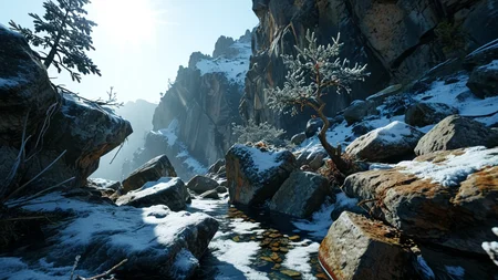 masterpiece,best quality,amazing quality,high resolution,ultra-detailed,absurdres,HDR,8K,high contrast,realistic,muted lithing,sharp focus,fine details,
A cinematic wide shot photography of the view On a hidden mountain gorge where a lone scraggly pine clings to a rocky ledge. At winter midday, bright sun sparkles on crystalline frost, crisp shadows carve every contour, and swirling vapor drifts from hidden fissures. ,