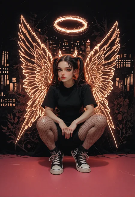 score_9,score_8_up,score_7_up,embedding:zPDXL2, masterpiece,best quality,highly detailed,detailed background, film grain,colorful,Expressiveh,Cinematic Lighting, t4s14, n30nw1ngs, neon light wings, wings, angel, cityscape, halo, pink, goth, twintails, horns, fishnet pantyhose, converse, curvy, large breasts, squatting,<lora:增强\(收藏)\sdxl_lightning_8step_lora.safetensors:1.0:1.0> <lora:Vixon\Neon Light Wings.safetensors:0.9:0.9> <lora:Vixon\Vixon's Pony Stylesv Tasia.safetensors:0.8:0.8>