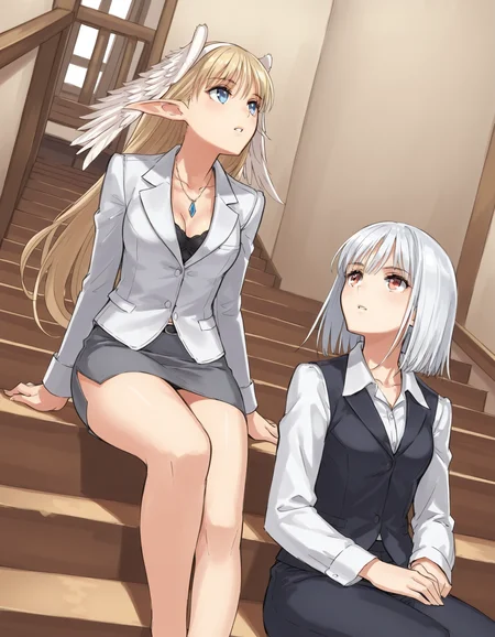 <lora:elwing-blanc-v2-illustrious-000060:1> 2girls, office lady, stairs, sitting, looking up, masterpiece, best quality
2girls, office lady, stairs, sitting, looking up, e7w1ng, blonde hair, hair wings, pointy ears
2girls, office lady, stairs, sitting, looking up, bl4ncn3ig3, red eyes, short hair, white hair