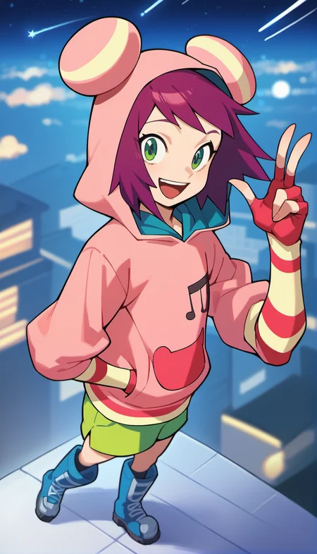 score_9,score_8_up,score_7_up,
<lora:soniastrumm:0.8>,
misorahibiki,
realistic,highres,
1girl,solo,
purple hair,short hair,bangs,
green eyes,looking at viewer,
open smile,
bear ears hooded hat,pink sweatshirt,a musical note printed on the hoodie,
long fingerless gloves,
green shorts,
blue boots,
full body,in air,above,standing on roof of skyscraper,
blurry background,outdoors,night,starry background,shooting star,starry night,bloom,light particles,lens flare,cloud,lens flare abuse,planet,cityscape,