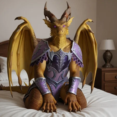 score_9, score_8_up, score_7_up, score_6_up, score_5_up, score_4_up, masterpiece, high quality, realistic, detailed, best quality, white bed, solo, rating_safe, source_furry, bedroom, smiling, seductive, looking at viewer, sitting, anthro, ((detailed eyes)), detailed face, good_hands, sakareth_wc, dragon, dracthyr, yellow scales, wings, horns, head frills, neck frill, claws, male, 1boy, purple eyes, tail, tail frills, black slit eyes, armor, shoulder armor, bracers, chest armor