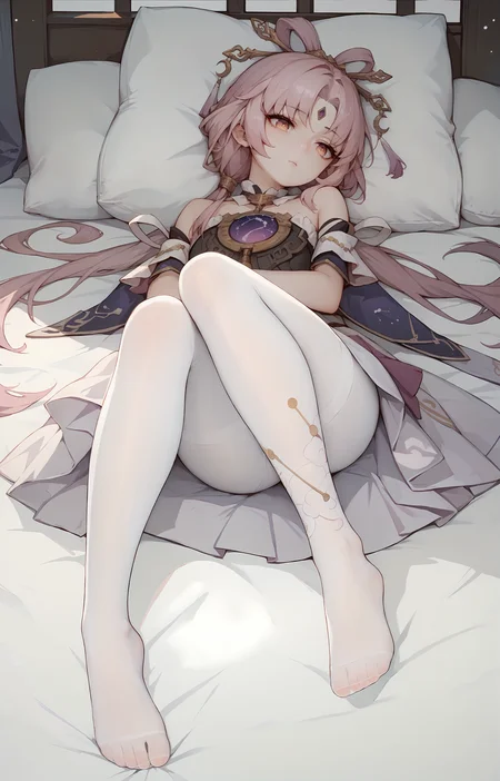 (score_9, score_8_up, score_7_up), 1girl, fuxuan, hair ornament, lying, white pantyhose, no shoes, foreshortening, expressionless, on bed, <lora:fuxuan-strPO-v1b:0.9>