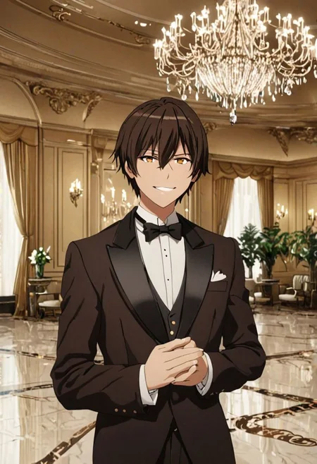 Highres, Masterpiece, High Quality, 4K, 8K, solo, 1Boy, Seiya Kanie, short dark brown hair, golden eyes, ballroom, luxury hotel, luxury room, marble floor, crystal chandelier, classic ornaments, tuxedo, smile, musterius, classy, confident, rich, easynegative, detailed_eye_model