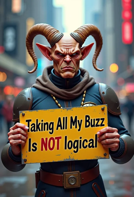 angry Vulcan holding a sign, sad vulcan, future cityscape background, holding a sign that says "Taking All My Buzz Is NOT logical"