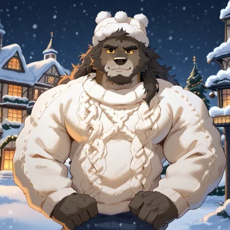 score_9, score_8_up, score_7_up, MrWolfPXL, Yasser, Bara, Muscular Male , Solo, winter, bedroom, (((Beard, facial hair, sideburns))), ((closed mouth)), By overcyan, sweater, village background, (((messy hair, long hair))), knitted hat, look at viewer, (((masculine, manly))), slight smirk
