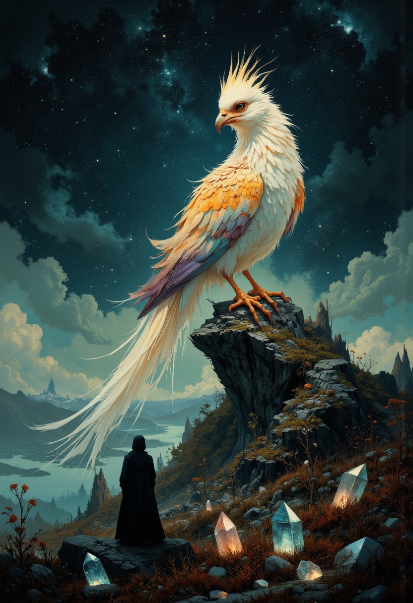 An enigmatic composition bathed in soft, diffused light, blending whispers of surrealism and melancholia. The scene unfolds in a cinematic atmosphere where subtle textures and delicate grains add depth, while the interplay of light and shadow enhances the quiet intensity of the moment. A subdued color palette merges with ethereal haze, evoking a dreamlike quality and timeless stillness. The central subject –A mythical phoenix perched atop a mountain of glowing crystals, its feathers shimmering with hues of fiery orange, gold, and violet. The background is an endless twilight sky filled with scattered stars and swirling cosmic patterns.– is delicately framed, their presence balanced between mystery and intimacy. Surrounding elements, rich in symbolic undertones, anchor the narrative in an otherworldly context. Organic details like softly swaying flora or faintly glowing surfaces contrast with stark, haunting figures, creating a juxtaposition that is both poignant and surreal. The composition invites introspection, with negative space amplifying the mood's resonance. Every detail, from the atmospheric depth to the muted highlights, serves to craft an image that feels suspended in an emotional, poetic realm, steeped in quiet nostalgia.
surreal style