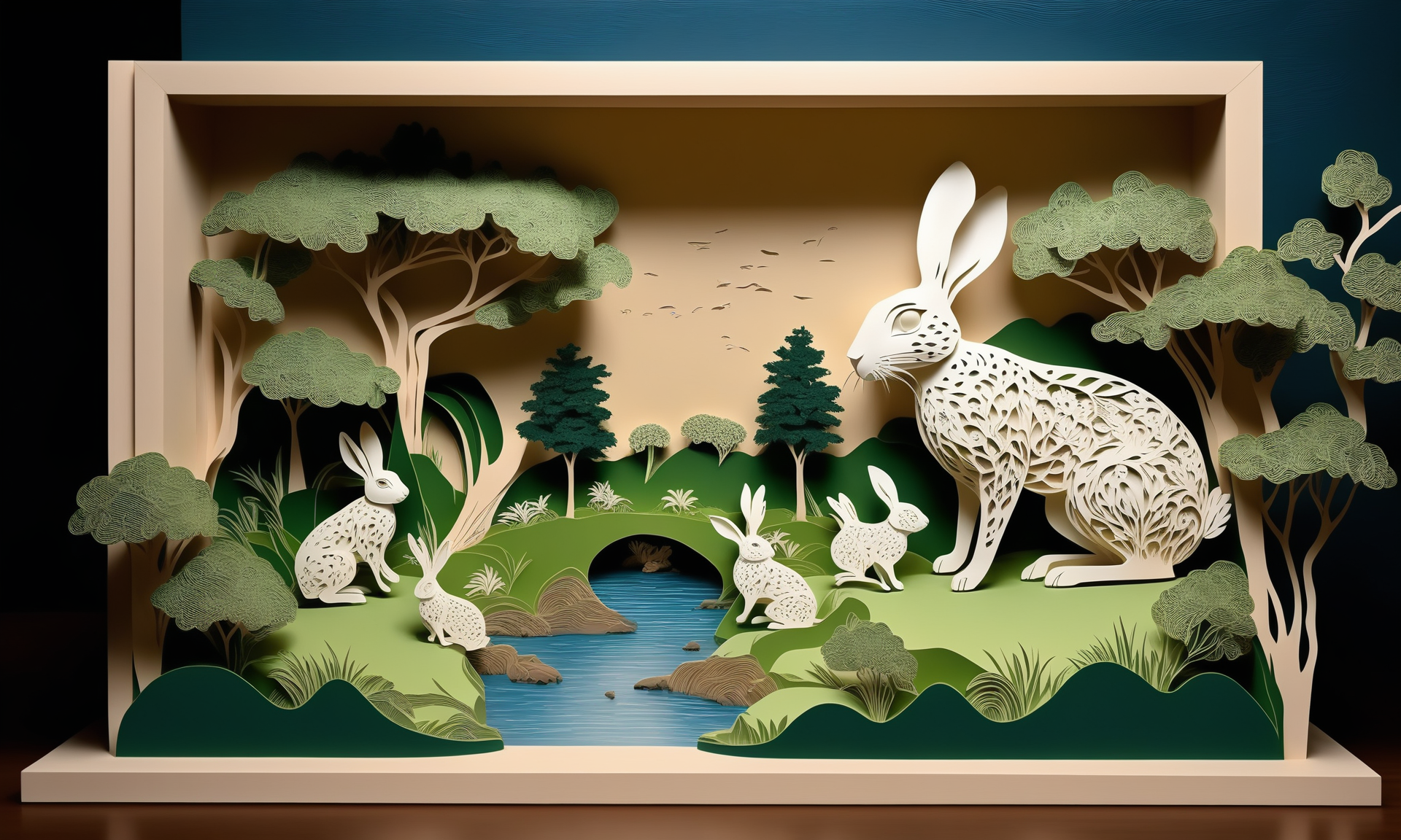 3D papercut shadow box of <lora:papercarvingcd_xl-000005:0.6>,a handmade sculpture of a hare made of papercarvingcd_xl in office scene,full body,scenery,tree,river,stone,lawn,miniature,tilt-shift,indoors,chinese zodiac,wooden table,cutie,cute,still life,animal statue,front view,facing viewer,looking at viewer,8K,HDR,UHD,masterpiece,best quality,highly detailed,high resolution,finely detail,extremely detailed,ultra detailed,wallpaper . Layered, dimensional, depth, silhouette, shadow, papercut, handmade, high contrast