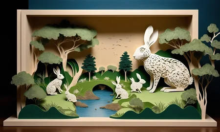 3D papercut shadow box of <lora:papercarvingcd_xl-000005:0.6>,a handmade sculpture of a hare made of papercarvingcd_xl in office scene,full body,scenery,tree,river,stone,lawn,miniature,tilt-shift,indoors,chinese zodiac,wooden table,cutie,cute,still life,animal statue,front view,facing viewer,looking at viewer,8K,HDR,UHD,masterpiece,best quality,highly detailed,high resolution,finely detail,extremely detailed,ultra detailed,wallpaper . Layered, dimensional, depth, silhouette, shadow, papercut, handmade, high contrast