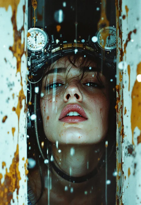 Captured with a Canon AE-1 using expired Kodak Gold 200 film, the image shows a young woman leaning intensely forward into a narrow frame, her head tilted under the weight of an old, battered cyber-headset. The headset's technical components, once sharp, have dissolved into semi-abstract forms due to severe multiple exposures and chemical deterioration during development. Thick, volumetric beams of contaminated light cut through the frame, flooding the narrow space with heavy, hazy shafts that scatter wildly, illuminating dense floating dust and chemical artifacts.
Her facial features appear almost translucent, ethereal—where the film's highlights have bleached out entirely, giving her skin an unearthly glow. Sweat beads on her forehead refract the fractured light, creating prismatic halos that shimmer at the points where the film damage is most aggressive. The background, a once-sterile industrial wall, has collapsed into a chaotic wash of pure white and warped pastel hues from extreme overexposure and chemical fogging.
Rusted orange and crimson film burns crawl across the edges of the frame, forming organic, blistering patterns, as if the image itself is decaying in real-time. Scratches, chemical bubbles, and crystallization veins scatter across the emulsion, giving the entire scene the appearance of a living, breathing relic caught between reality and oblivion.