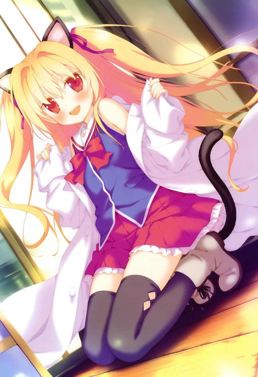 masterpiece,best quality,amazing quality,very aesthetic,absurdres,newest,dynamic_angle,shida kazuhiro,
<lora:Nikaidou Shinku v3-XL:1>,nikaidou shinku,1girl,solo,blonde hair,red eyes,long hair,hair intakes,full body,cloth boots,black thighhighs,off shoulder,serafuku,blue school uniform,two side up,red skirt,hair ribbon,lab coat,blush,smile,cat ears,animal ears, cat tail,animal tail,open mouth,