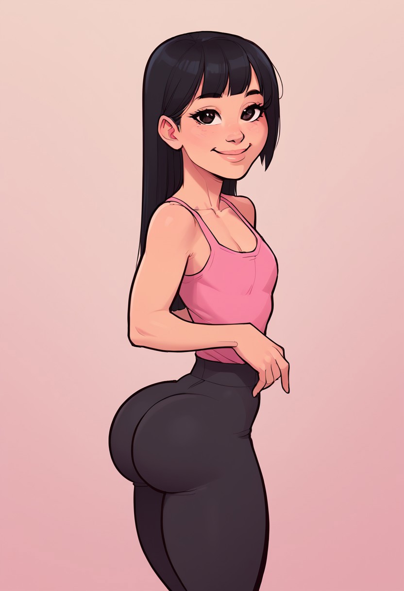 core_9, score_8_up, score_7_up, score_6_up, 1girl, short girl, asian, black hair, asian eyes, long hair, collarbone, sleeveless pink top, black leggings, petite, 18 years old, beautiful, very petite, cute, round face, natural ass, thick thighs, flat chest, smile, bedroom background, standing, ass view