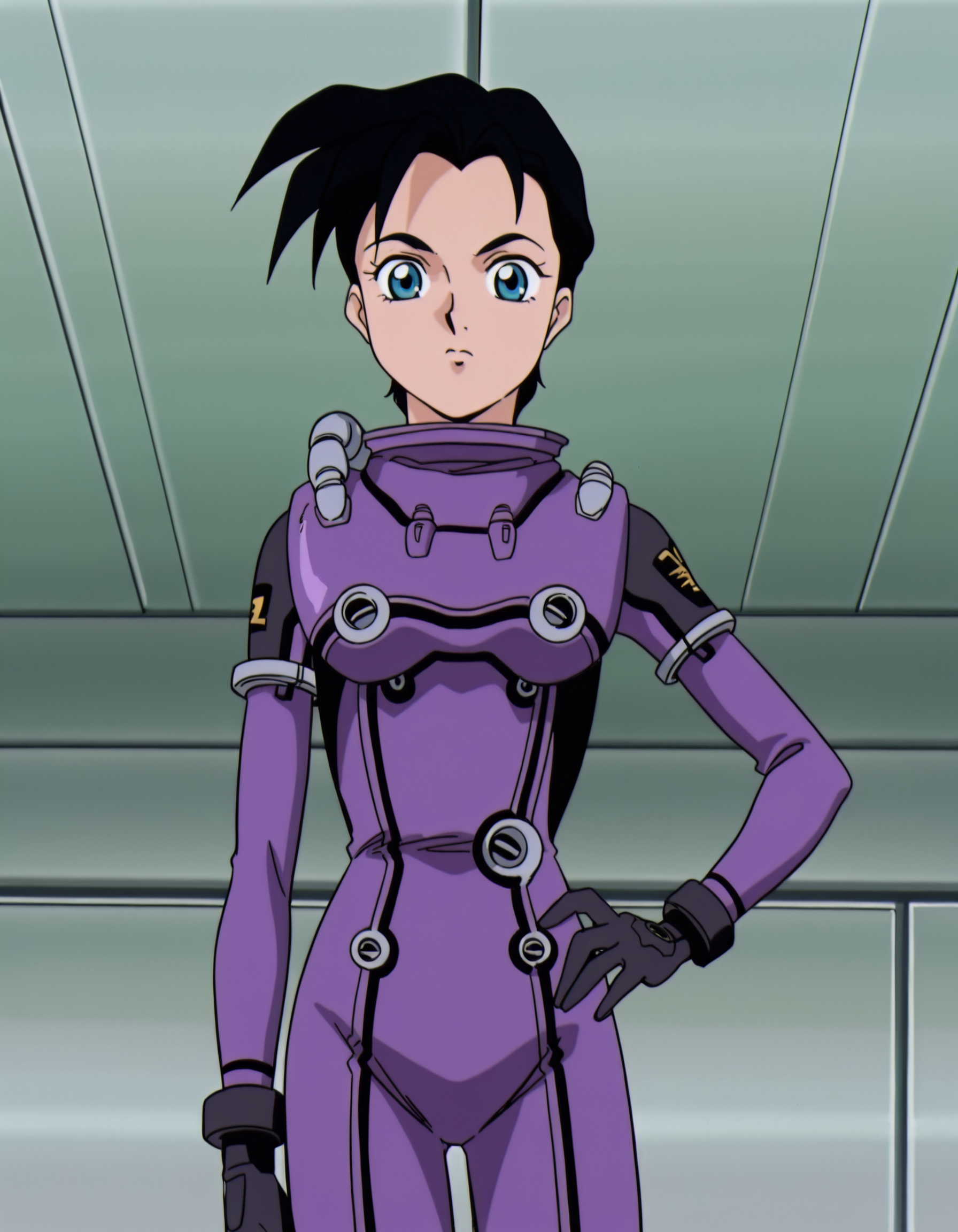 <lora:HildeSchbeikerGundamWingIllustrious1.0JLFO:1> hilde, 1girl, 1990s, retro artstyle, black hair, solo, short hair, blue eyes,pilot suit,hand on own hip, looking at viewer,
