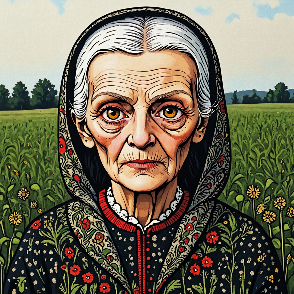<lora:Neo-Folk_VisionarySDXL:1> ArsMJStyle, Neo-Folk Visionary, A portrait of old woman in a field