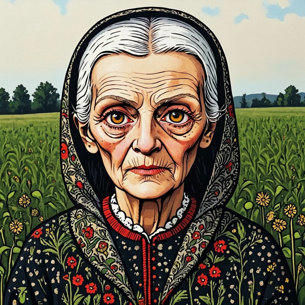 <lora:Neo-Folk_VisionarySDXL:1> ArsMJStyle, Neo-Folk Visionary, A portrait of old woman in a field