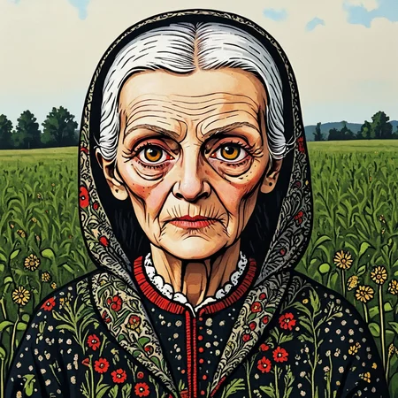 <lora:Neo-Folk_VisionarySDXL:1> ArsMJStyle, Neo-Folk Visionary, A portrait of old woman in a field