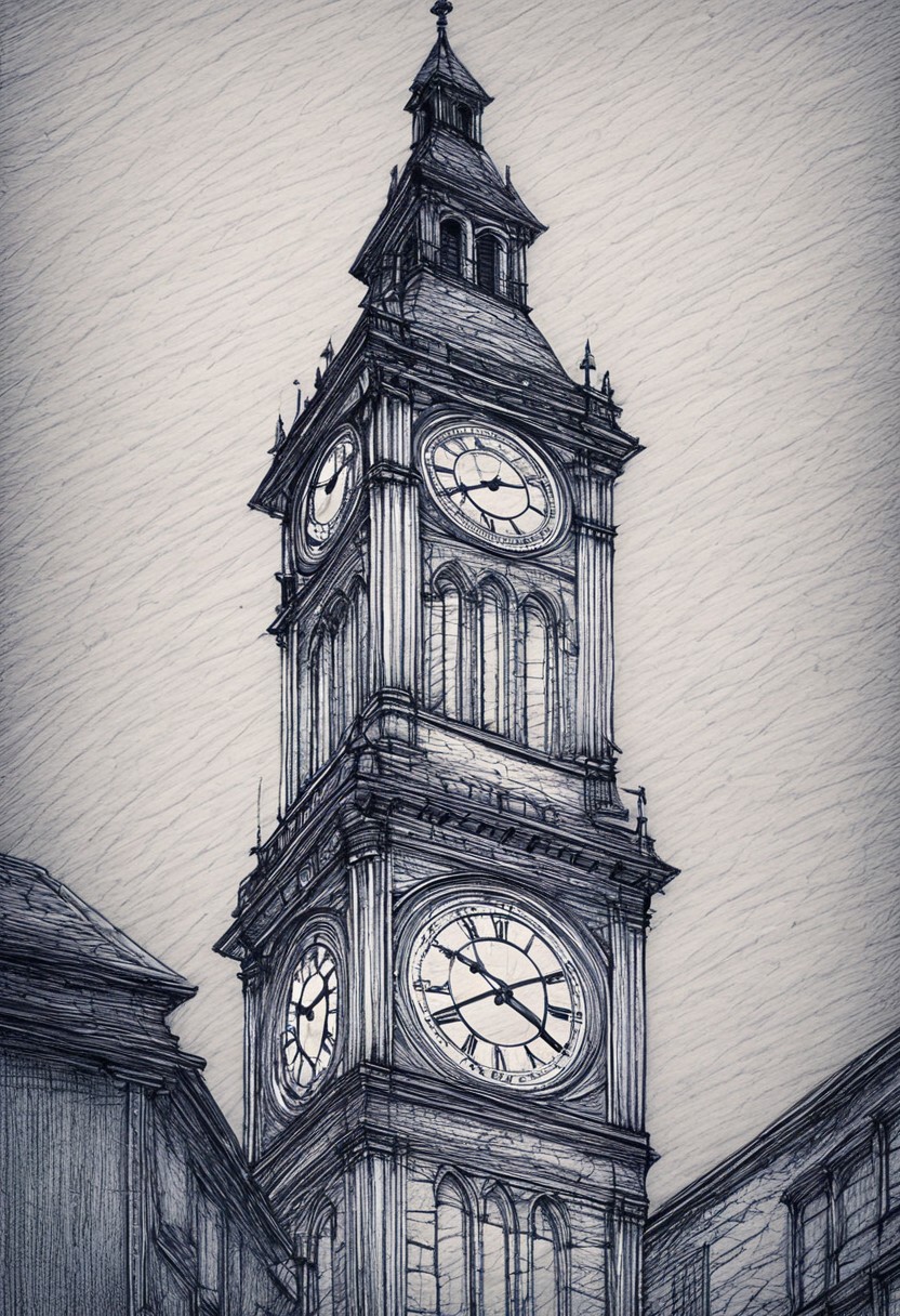 novuschroma42 style ballpoint pen drawing, a high town hall clock tower in the middle of a small city and two smaller towers on each side, renaissance period, best quality
