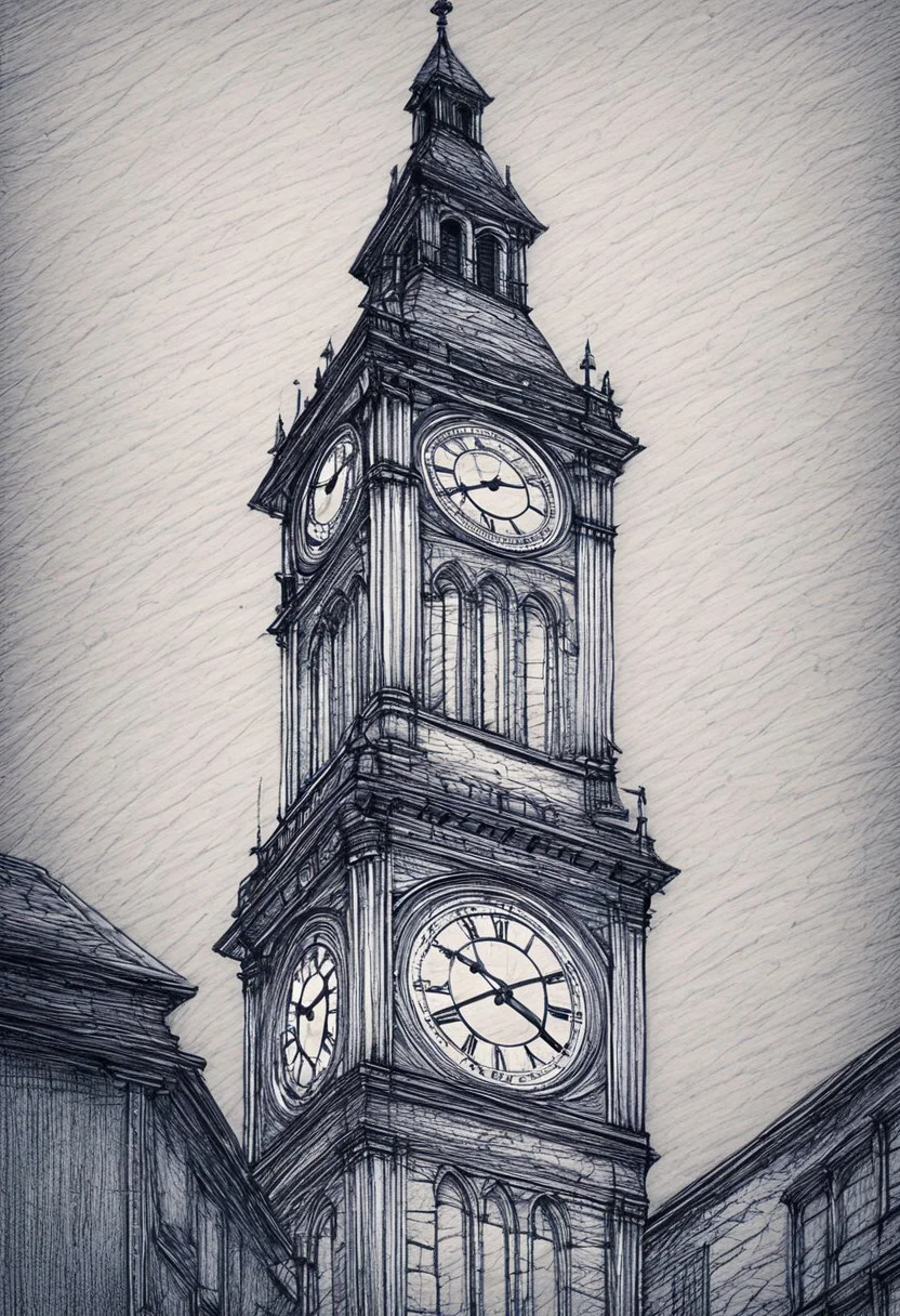 novuschroma42 style ballpoint pen drawing, a high town hall clock tower in the middle of a small city and two smaller towers on each side, renaissance period, best quality