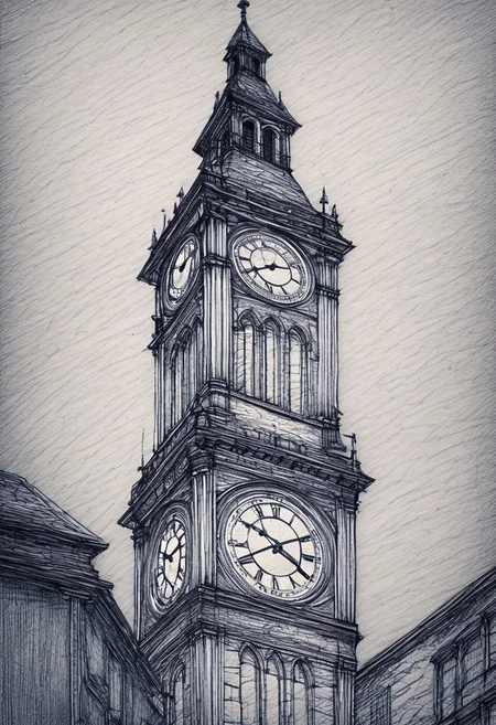 novuschroma42 style ballpoint pen drawing, a high town hall clock tower in the middle of a small city and two smaller towers on each side, renaissance period, best quality