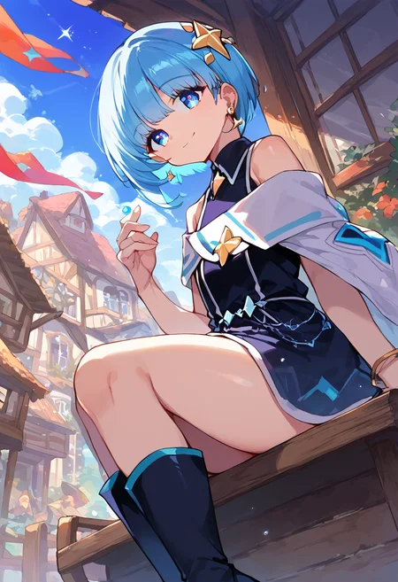 score_9,score_8_up,score_7_up,source_anime,zPDXL3,fantasy,town,wooden bench,sitting,smile,from below,
*//*,<lora:SiaAstelle_Pony:1>,sia_astelle,1girl,solo,blue hair,short hair,bangs,blue eyes,gloves,thighhighs,thigh boots,star (symbol),earrings,hair ornament,jewelry,black dress,sleeveless,black footwear,single glove,black elbow gloves,smile, *//*,looking at viewer,cowboy shot,dutch angle,
