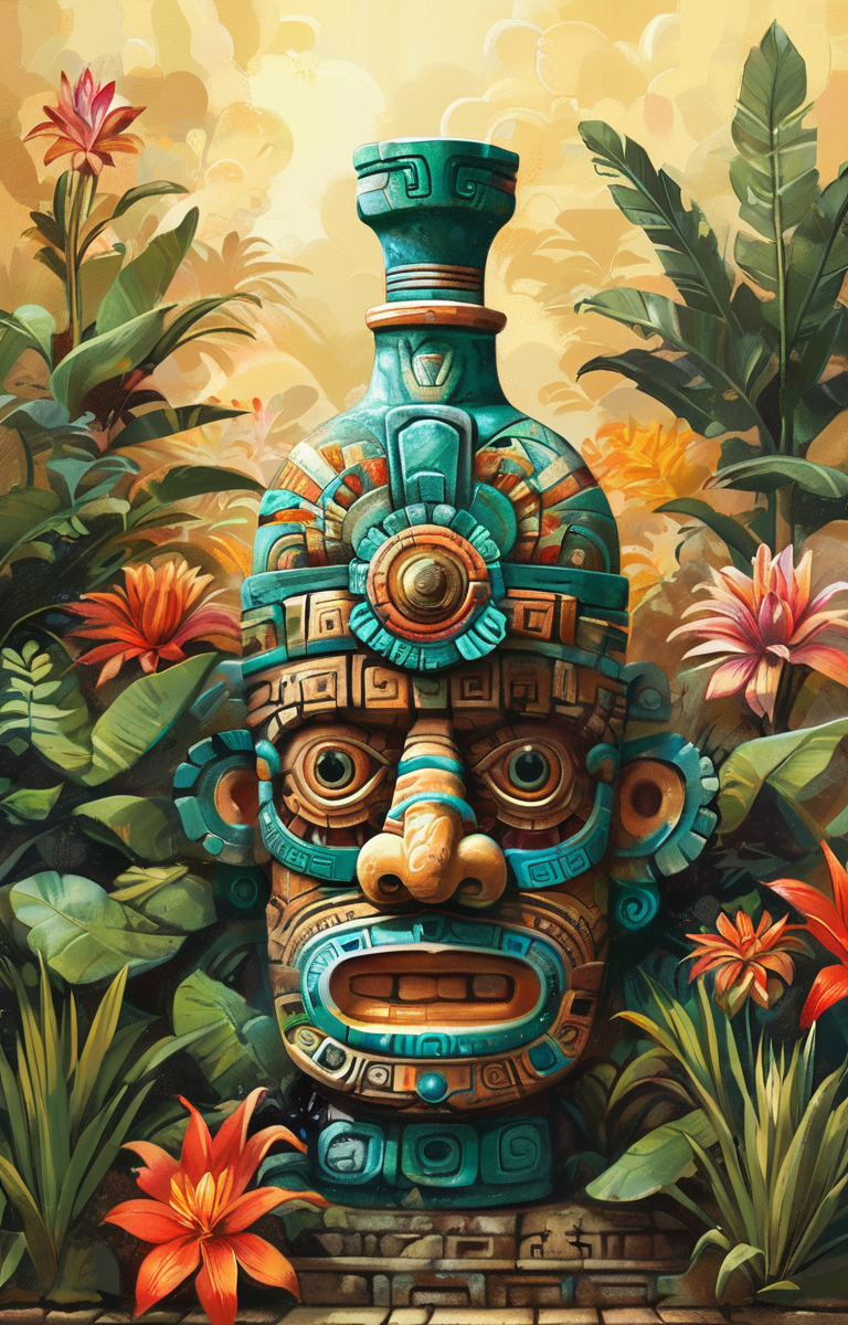 masterpiece,best quality,<lora:tbh264-sdxl:0.9>,illustration,style of Aztec A bottle of perfume in garden
