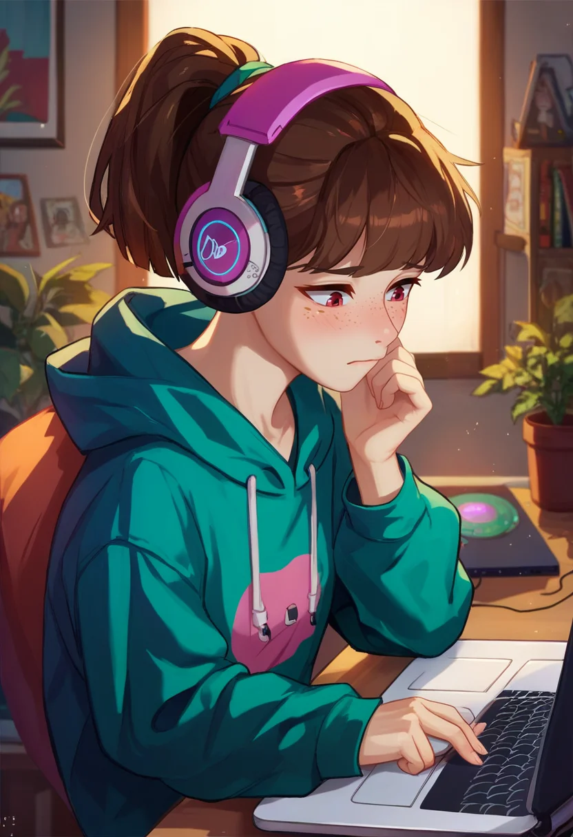 Ugly score_9, score_8_up, score_7_up,  source_anime, 1girl, laptop, chair, bedroom,  perfect face,
 <lora:LoFi_Girl_PonyXL_AutMix:0.55>  LoFi_Girl_Pony, ponytail, brown hair, headphones, hoodie,