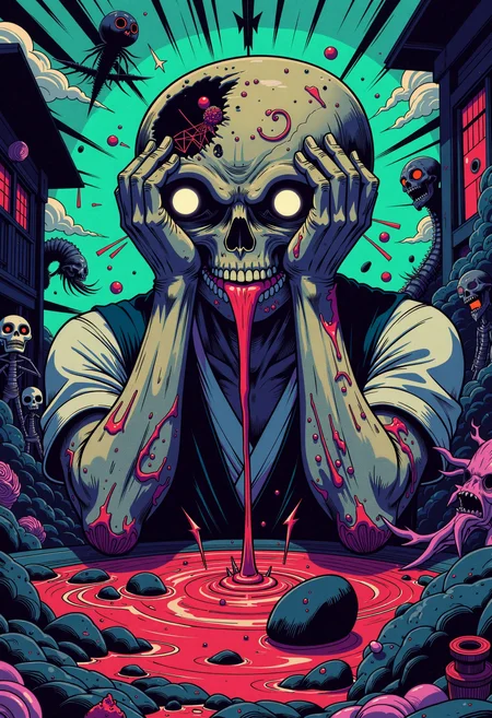 Digital illustration, dark fantasy horror, anime style, a character in a twisted, dynamic pose, their hands gripping their own head with an otherworldly strength, their face contorted in a mix of anguish and horror as their skull begins to deform, stretching and melting like wet clay under the pressure, fingers sinking deep into the flesh, oozing a viscous, bioluminescent liquid that drips down their arms, the background a haunting, surreal landscape with eerie, pulsating colors, vivid, unsettling details, intense, dramatic lighting casting sharp shadows, hyperdetailed textures, stylized with bold lines and vibrant, nightmarish hues, creating a deeply unsettling yet fascinating visual experience., <lora:Modern-Retro_Anime-FLUX:0.261> modernretroanime, Anime,<lora:ck-nc-cyberpunk-V2-000013:0.254> A digital artwork in the style of cknc,<lora:ZanyEyesStyleFlux:0.512> ZanyEyesStyle,<lora:RM_Illustrify_v1.0M:0.428> illustrify