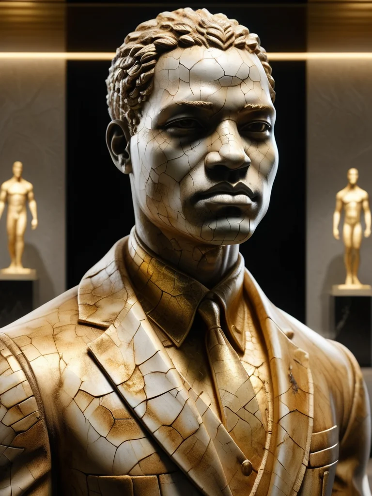 a photo of a statue of an african american, decorated with gold, Realistic, porous stone statue, in a museum, (detailed face:1.2), sharp[ focus, african amercican, photorealistic, standing on a pedestal, realistic lighting, realistic textures, intricate detail, rayracing, hdr, uhd, 8k, detailed texture, detailed porous stone surface, <lora:ral-porcelain-sdxl:1> ral-porcelain