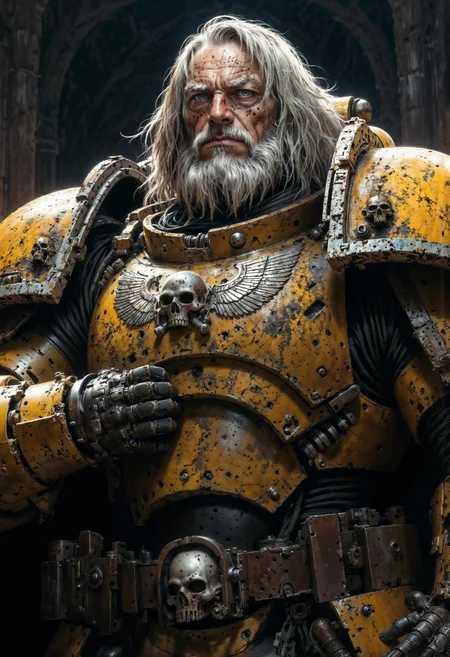 Highly detailed and realistic fantasy character in a dramatic shot. Epic cinematic depiction of a very old Paladin in full ImperialF40k power armor. He is bearded and his hair is going grey. <lora:FluxImperialF40k:1> <lora:FluxMythP0rtr4itStyle:0.5> <lora:sxz-Dark-Fantasy-v2-Flux:0.5> <lora:flux_realism_lora:0.8>