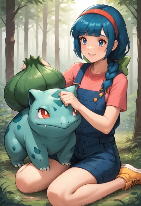 SFW, rating_all, score_10, score_8_up, score_7_up, beautiful, realistic, detailed, perfect, quality, vector, flat colors, masterpiece, duo, 1female, 1pokemon, species difference, human, and creature, BREAK <lora:Pokemon_GO:0> 1female, PMMelanie, human, blue eyes, blue hair, braided ponytail, blunt bangs, red hairband, green bow, short sleeves, shirt, red overalls, pink shirt, yellow sneakers, sitting on [heels], petting pokemon, /BREAK/ <lora:Pokemon_GO:0.7> 1pokemon, bulbasaur, forest, smiling, being pet