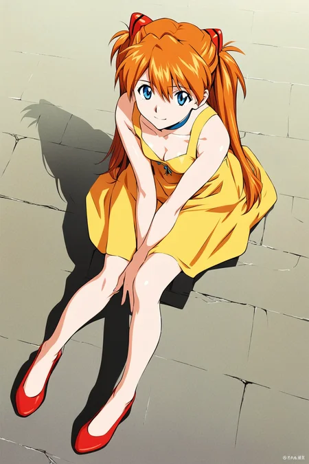 1girl,souryuu asuka langley,yellow dress,dress,solo,shadow,long hair,blue eyes,breasts,gradient,orange hair,gradient background,smile,choker,sitting,shoes,bangs,full body,cleavage,looking at viewer,small breasts,bare shoulders,from above,two side up,yellow background,v arms,light smile,sleeveless,hair ornament,closed mouth,sleeveless dress,<lora:Sadamoto Yoshiyuki_XL_kohaku:0.8>,