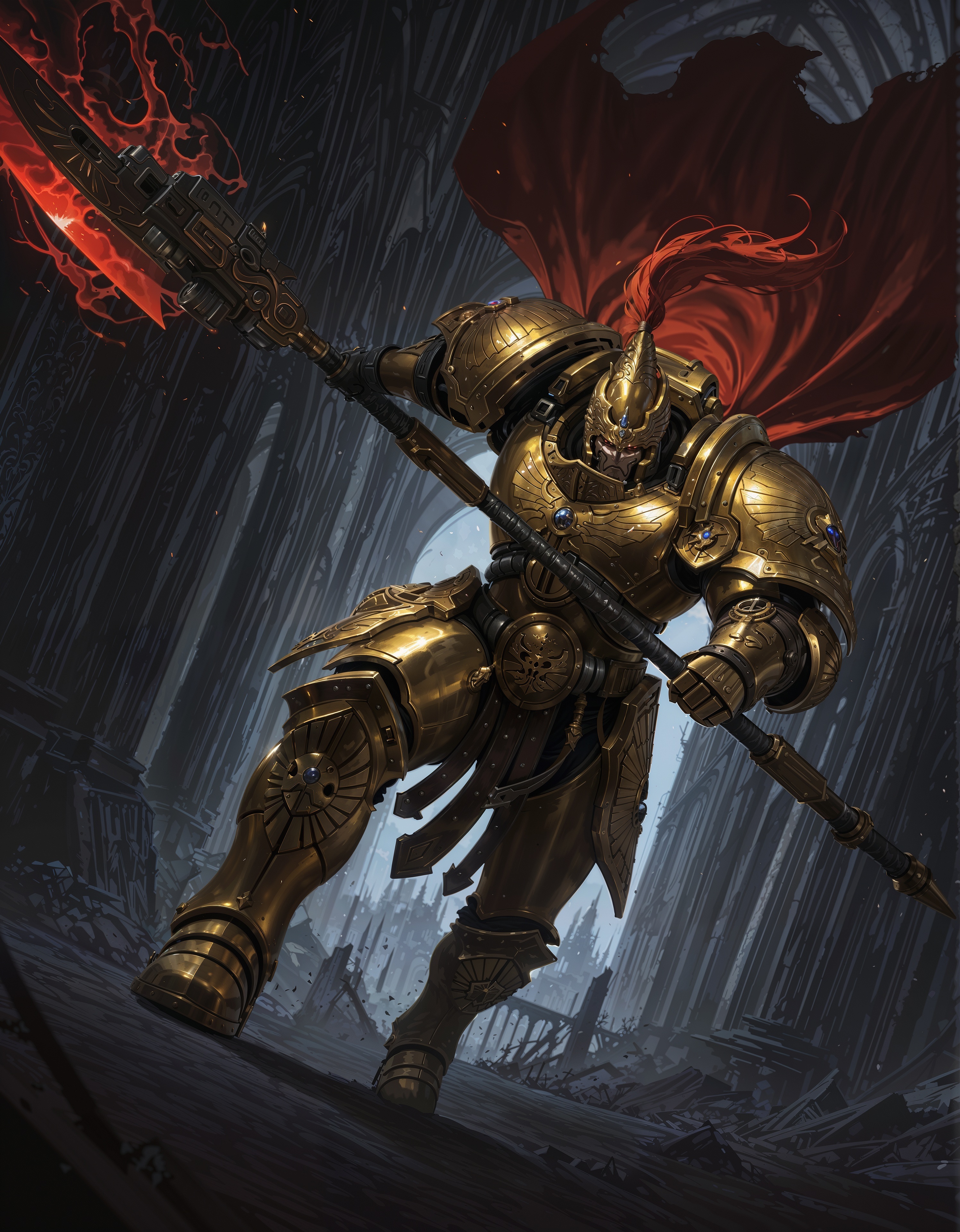 masterpiece, best quality,high quality, newest, highres,8K,HDR,absurdres, dynamic angle, realistic, 1boy, iLLCustodes40k, power armor, golden armor, solo, helmet, holding a polearm, shadowy aura, ancient ruins, cursed weapon, tattered cape, battle stance, ethereal mist, detailed background, depth of field, dynamic pose, foreshortening, cinematic lighting, dramatic shadows, enchanted symbols, intricate magic patterns, deep color contrast, gothic architecture, dark theme, high fantasy setting., detailed background, dynamic pose, dynamic composition,dutch angle, detailed backgroud,foreshortening,blurry edges <lora:iLLCustodes40k:1>