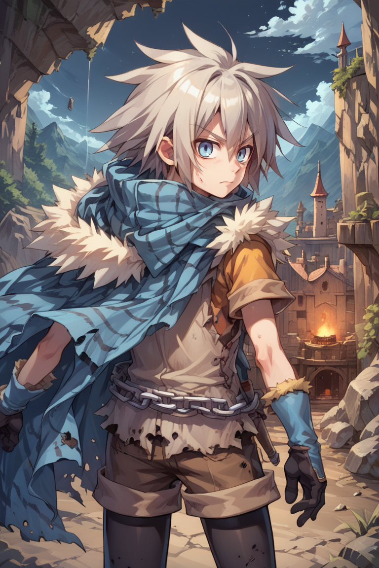 (score_9, score_8_up, score_7_up, score_6_up), source anime, BREAK, solo, <lora:Milanor:0.75> , miladef, 1boy, grey hair, spiked hair, blue eyes, fur trim, (blue cloak), gloves, cowboy shot, black leggings, chain belt,  exterior, outdoors, dark sky, night, canyon, mountains, castle, fortress, standing, closed mouth, injured, hurt, (from behind),  <lora:zy_Detailed_Backgrounds_v1:0.5> , detailed background, highly detailed,   <lora:backgroundsetXL:0.4> , background, looking at viewer,  <lora:cr33pXLP:0.5> , cr33p,