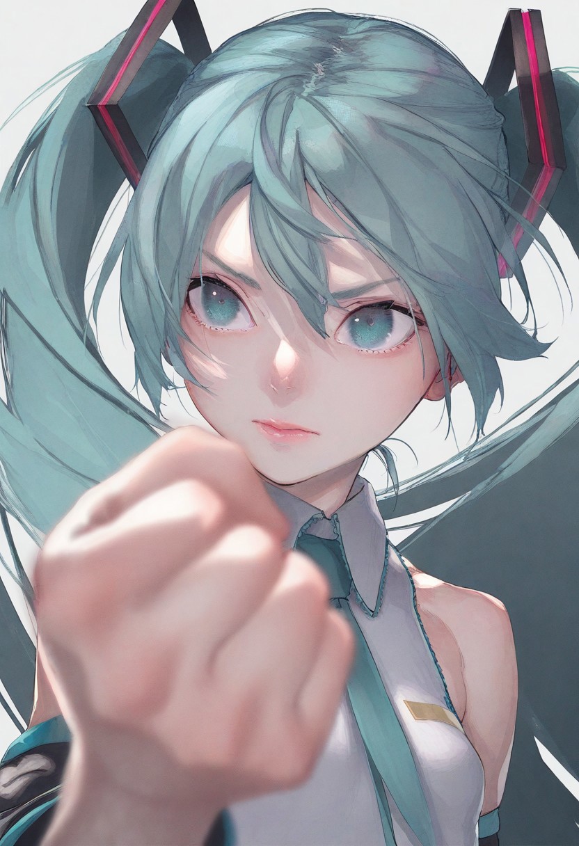 realistic, Sortilege_ST, masterpiece, best quality, very aesthetic, very awa, 1girl, masterpiece, upper body, hatsune miku, , perfect eyes, clenched hand,