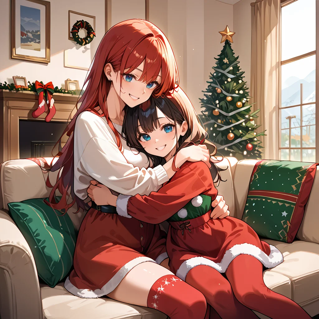 score_9, score_8_up, score_7_up,source_anime, (rating_safe), <lora:Hugging on couch (lesbian):0.6> 2girls, hug, sitting, on couch, living room, christmas, red christmas dress, matching stockings, (smile)
