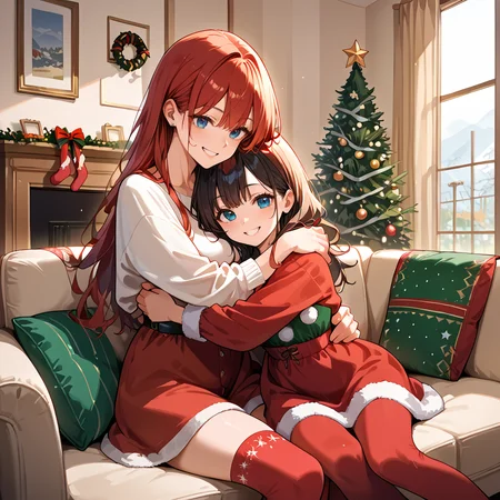 score_9, score_8_up, score_7_up,source_anime, (rating_safe), <lora:Hugging on couch (lesbian):0.6> 2girls, hug, sitting, on couch, living room, christmas, red christmas dress, matching stockings, (smile)