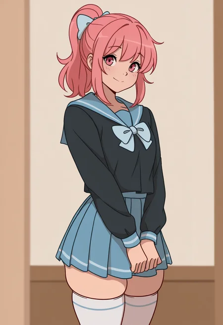 masterpiece, best quality,
<lora:Inusen:1> 1n0s3n, 1girl, solo,standing,looking at viewer, happy, closed mouth,pink hair, ponytail, pink eyes,school uniform, bow, long sleeves, skirt, skindentation, thighhighs,