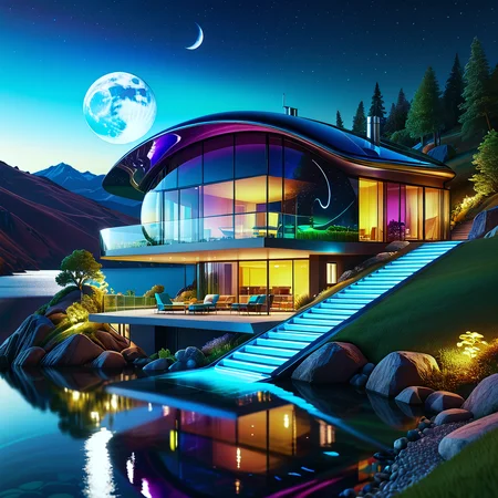 glasscore, landscape, futuristic, house on hillside, lake, glass waves, nightsky, moon, sdxl_fixl-art, masterpiece, best quality, detailed face, detailed eyes, 4k, 8k, <lora:Glasscore_FutureV_0.5:0.8>