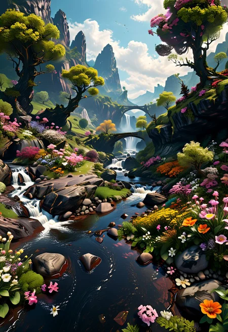 Landscape of a dark distant planet, rocks and organic soil, intricate trees, a fast flowing stream with flowers on the banks, UHD, masterpiece, trending on artstation, sharp focus, studio photo, intricate details, highly detailed, by greg rutkowski<lora:xl_more_art-full_v1:0.5>
