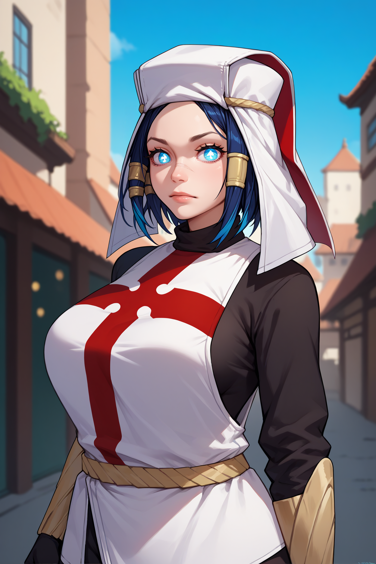 score_9, score_8_up, score_7_up, score_6_up, source_anime, 1girl, solo, <lora:ffarrow-pdxl-nvwls-v1-000005:1> arr0w, hair tubes, symbol-shaped pupils, white headwear, red and white tabard, black bodysuit, bodysuit under clothes, black pantyhose, fingerless gloves, vambraces, large breasts, upper body, looking at you, blue sky, city