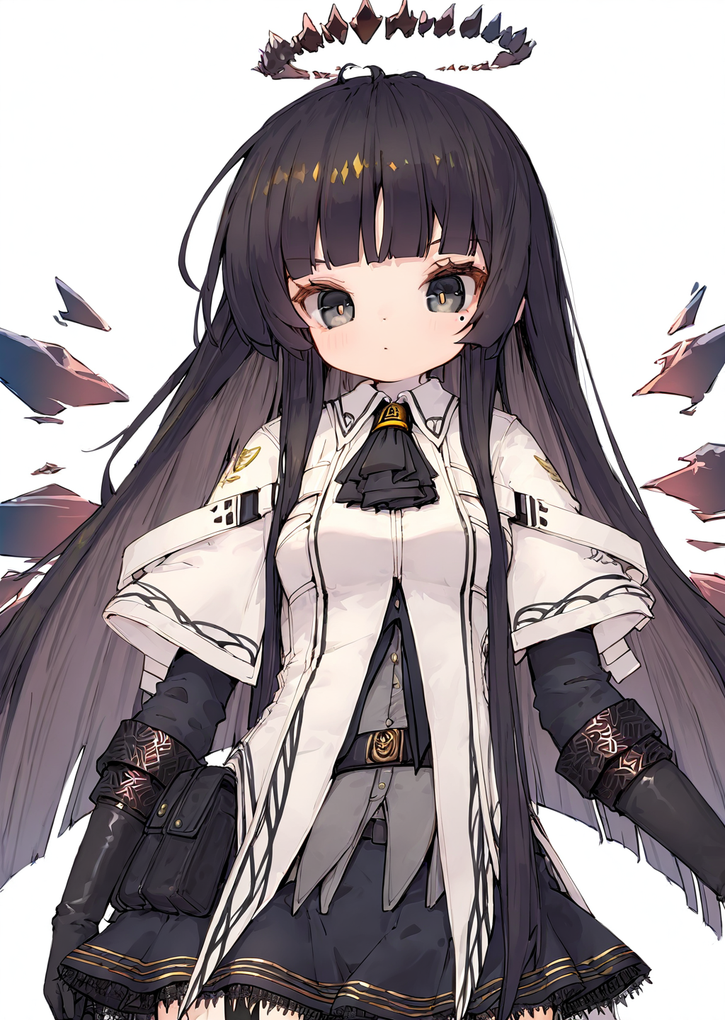 <lora:nep250131:1>,nep,1girl,<lora:virtuosa_arknights:1>,virtuosa_\(arknights\),black eyes,black hair,blunt bangs,halo,mole under eye,two-tone hair,colored inner hair,collared jacket,black ascot,black garter straps,black gloves,dress shirt,detached wings,miniskirt,bustier,upper_body,<lora:NOOB_vp1_detailer_by_volnovik_v1:1>,<lora:noobai_ep11_stabilizer_v0.138_fp16:1>,