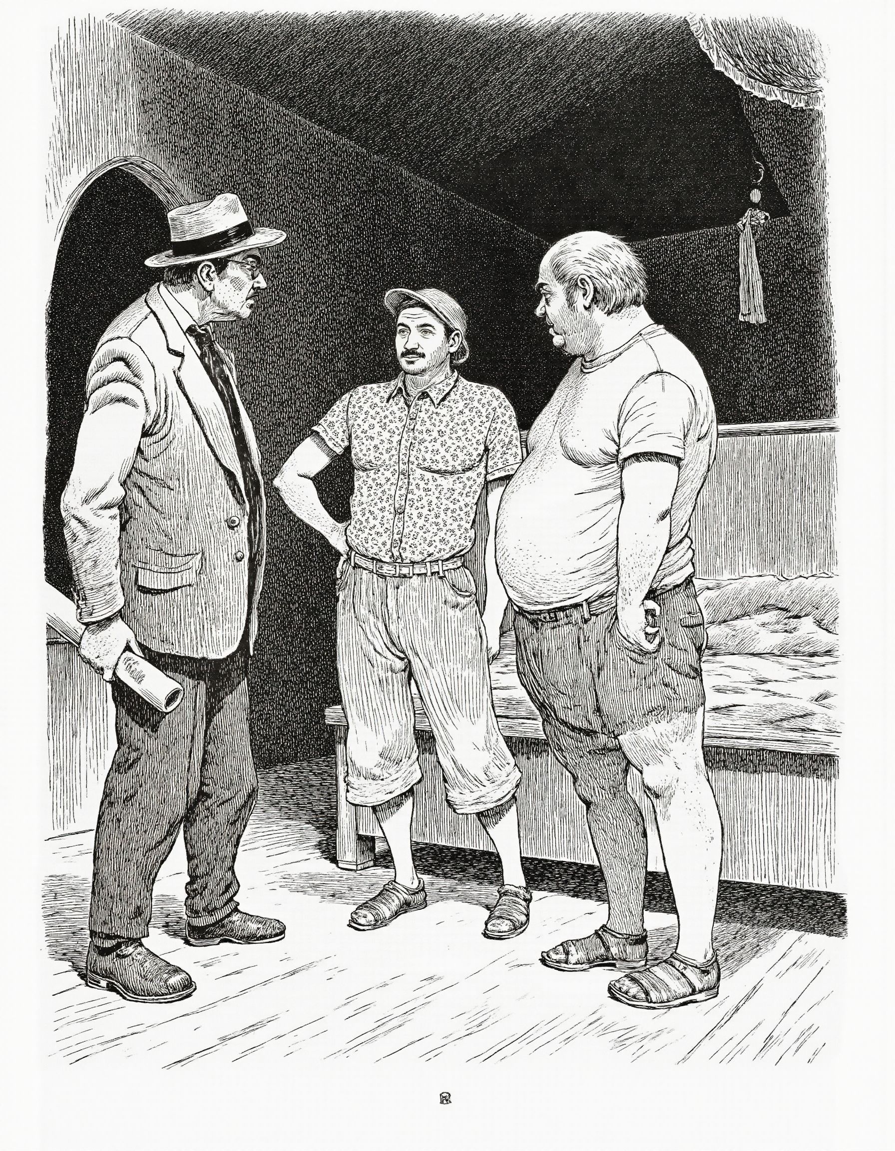 <lora:mig4v:1>This image is a black-and-white drawing, likely created using ink on paper, depicting a scene set indoors. The drawing has a detailed, illustrative style, with intricate line work and shading. The setting appears to be a rustic, possibly historical, room with dark, textured walls and a wooden floor. 
In the foreground, three men are engaged in conversation. The man on the left is wearing a suit with a tie, a hat, and a thick mustache, suggesting a formal or authoritative figure. He holds a rolled-up document in his hand. The man in the center is dressed in a patterned shirt with stars, baggy pants, and a flat cap, giving him a casual, perhaps clownish appearance. The man on the right is dressed in a simple, short-sleeved shirt and shorts, standing with his hands on his hips.
Behind them, a fourth man stands near a bed with a curtain draped over it, partially obscured by the men. The bed has a pillow and a blanket, suggesting a sleeping area. The room is dimly lit, with shadows cast by the figures and the bed, adding to the atmosphere of mystery or suspense. The overall style and setting suggest a historical or period drama.